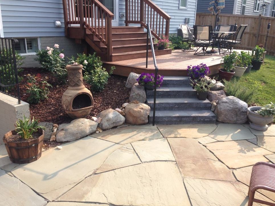 Outdoor deck and stone patio