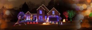 Large House Decorated for Christmas Lit Up at Night